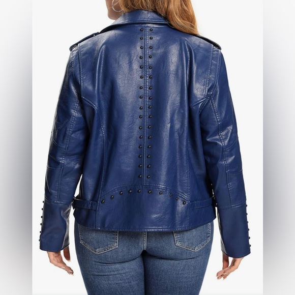 S P Y M Women’s Faux Leather Jacket, Double Zip Up, Moto Biker, Rivets- XL- Navy - Picture 4 of 14